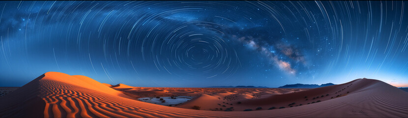Desert Dreamscape: Star Trails Swirl Over Moonlit Dunes, Crafting a Surreal Scene in the Silence of Night - obrazy, fototapety, plakaty