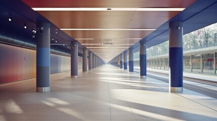 Interior of a modern train station with blue columns.