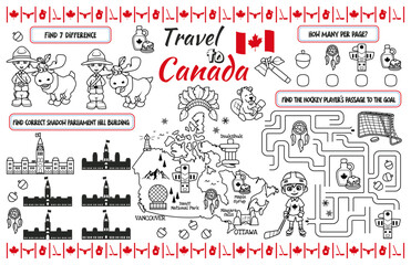 A fun placemat for kids. Printable the “Travel to Canada” activity sheet with a labyrinth, find the differences and find the same ones. 17x11 inch printable vector file