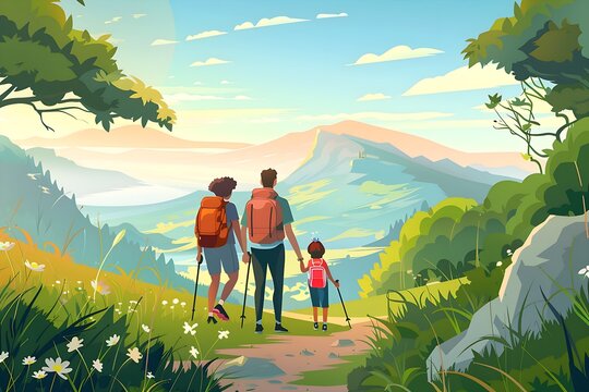 Cartoon picture of a family enjoying nature on a hike