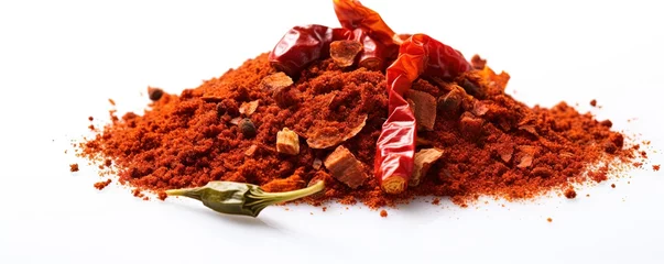 Fensteraufkleber Spicy chili red pepper flakes, chopped, milled dry paprika pile isolated on white © Coosh448