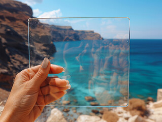 horizontal empty transparent acrylic held by a woman's hand, background of Santorini, Greece