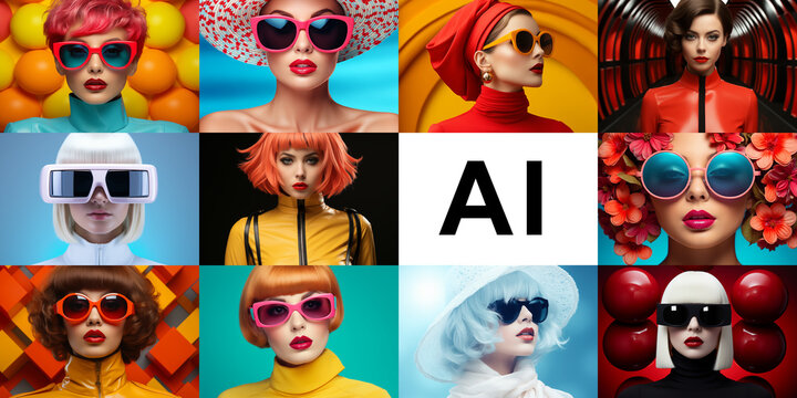 Generative AI photo examples collage. Artificial intelligence photography sample set. Fashion model close-up portrait. Vibrant design color. Group of women showcasing trendy hats and sunglasses 