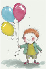Child with balloons ,vintage postcard. AI generated.