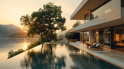 Medium shot photography, Summer Scenery at a modern villa with pool, with a serene lake panorama as...