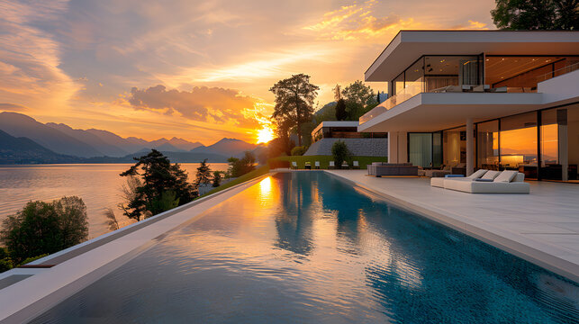Medium shot photography, Summer Scenery at a modern villa with pool, with a serene lake panorama as the background, during a golden hour