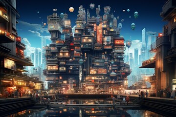 Fototapeta premium Smart eco city living. Eco smart architecture facade forest. Generate Ai