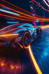 Hyperdrive Nightscape: Modern Futuristic Cars Streak Through City Streets in a Blazing Light Trail