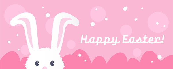 Happy Easter banner with flat graphic elements and symbols of the Holiday, hidden eggs and bunny, plants drawings. Vector illustration with text greeting.