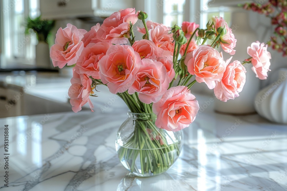 Wall mural fresh pink flowers on a white marble counter top