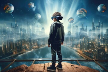 Fototapeta premium Boy wearing virtual reality glasses. Blue futuristic background