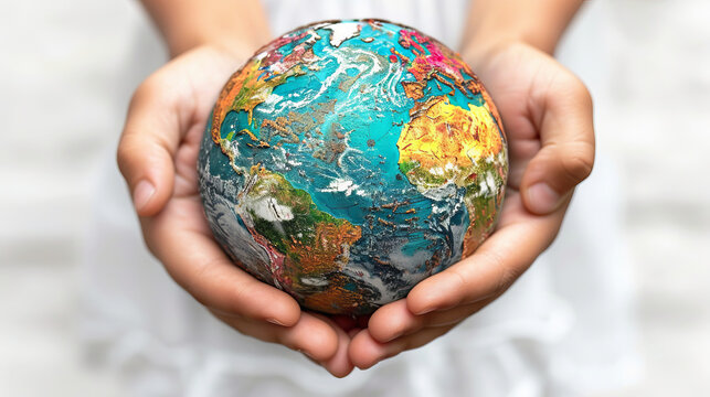 Children's hands hold the globe. White background. Free space for text.