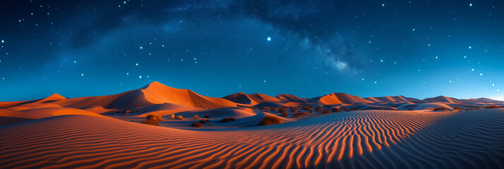 Night Whispers in the Desert: Stars Streak Across the Sky, Sand Dunes Glow Under Moonlight in Surreal Long Exposure - obrazy, fototapety, plakaty