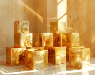 golden boxes on a golden background, octane render, asymmetrical balance, award-winning, glazed surfaces, 