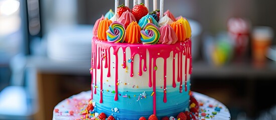 A vibrant birthday cake adorned with a plethora of lollipops and candy, creating a festive and cheerful display. The multi-colored layers add to the celebratory nature of the cake, perfect for a