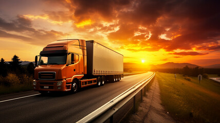 Truck driving on the asphalt road in rural landscape at sunset - obrazy, fototapety, plakaty