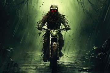 Painting of a man riding a mountain bike