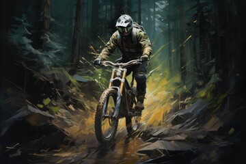 Painting of a man riding a mountain bike