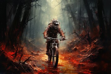 Painting of a man riding a mountain bike