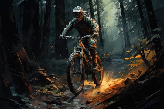 Painting of a man riding a mountain bike