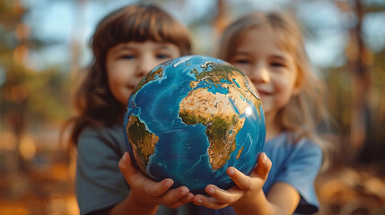Children hold a globe in their hands. Planet protection concept.