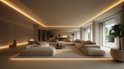  3d rendering of an elegant living room, in the style of mood lighting, dark beige and white