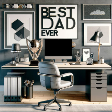 A contemporary image of a father's home office, sleek and modern. The "Best Dad Ever" trophy is a stylish centerpiece on the desk.