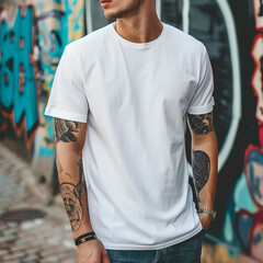 A man with a white t-shirt with no design stands in front of a graffiti wall
