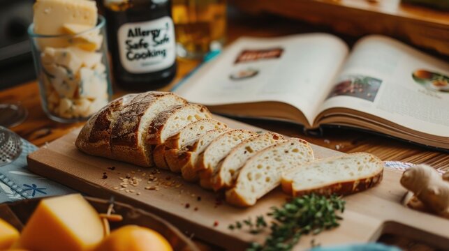 A close-up view of a cutting board with a selection of allergy-friendly ingredients: gluten-free bread, dairy-free cheese, and nut-free butter. - Powered by Adobe