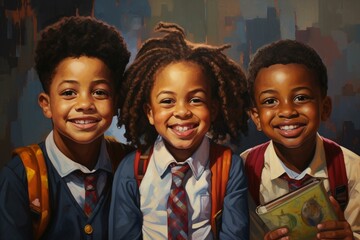 Smiling afro school children. Ready for school bus. Generate Ai - obrazy, fototapety, plakaty