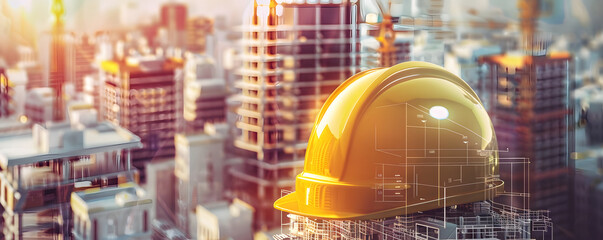 Construction blueprints and a yellow helmet placed against a construction site background, represent the concepts of construction planning and workplace safety.