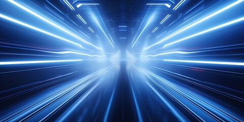 Blue futuristic sci-fi style corridor or shaft background with exit or goal ahead.Abstract cyber or...