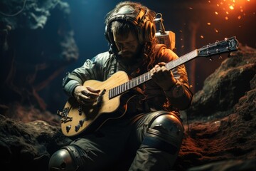Astronaut sitting on the moon surface and playing on the guitar - obrazy, fototapety, plakaty