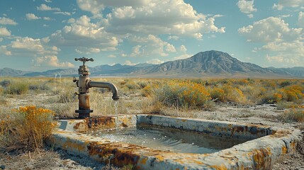 a Iron Faucet releases water on arid land - obrazy, fototapety, plakaty