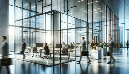 Modern office space with busy employees walking around.