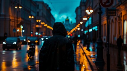 A silhouette of a person with a backpack standing in front of a canal reflecting the city lights at night. Ideal for themes of travel, exploration, solitude, and urban adventure.