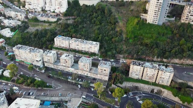 aerial footage from a drone of Haifa at dawn