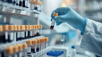 Doctor holding blood test tube from shelf with analyzer in laboratory