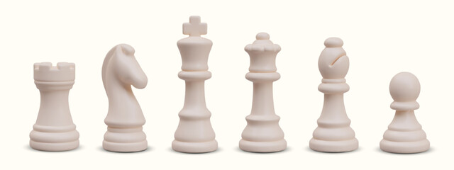 Complete set of chess pieces lined up in row. Realistic rook, knight, king, queen, knight, pawn © ArtHub007