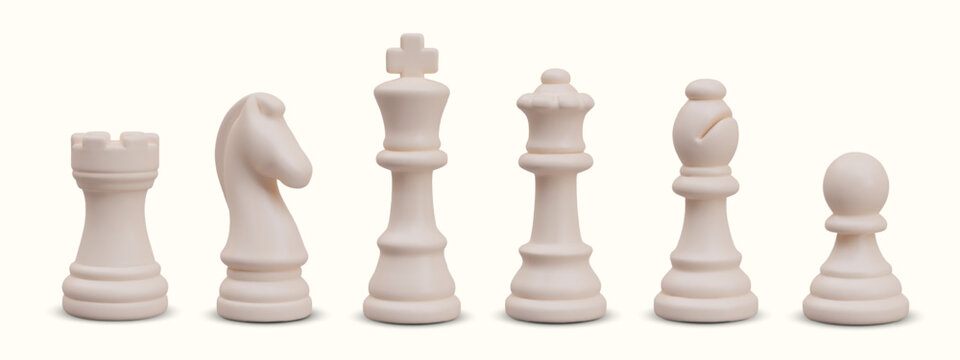 Complete set of chess pieces lined up in row. Realistic rook, knight, king, queen, knight, pawn