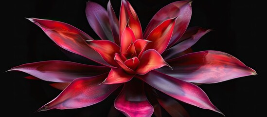 A Neoregelia fireball plant with vibrant red and purple leaves stands out against a black backdrop, showcasing its striking colors and unique beauty.