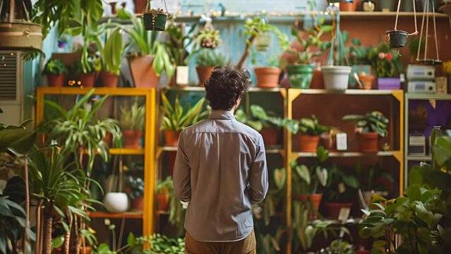 A Gen-z man from behind trying to decide what plant to buy as the camera pulls back revealing more of the plant store