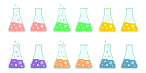 conical flask or erlenmeyer flask vector set. colorful laboratory chemical glassware equipment. flat design illustration isolated on white background.