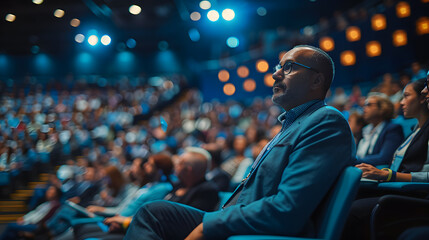 A commanding image capturing a keynote speaker addressing a packed auditorium at a security conference, with attendees engaged and taking notes. - obrazy, fototapety, plakaty