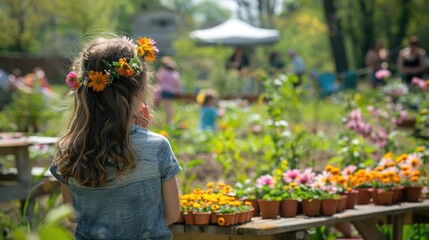 A community garden event on May Day, children making flower crowns, and tables set with local spring produce, creating a sense of renewal and community spirit