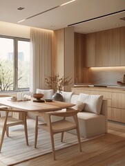 Fototapeta premium a minimalist apartment with a beige living room, in the style of japanese-style landscapes, soft, blended colors, precise craftsmanship, bold contrast and textural play, wood, serene simplicity