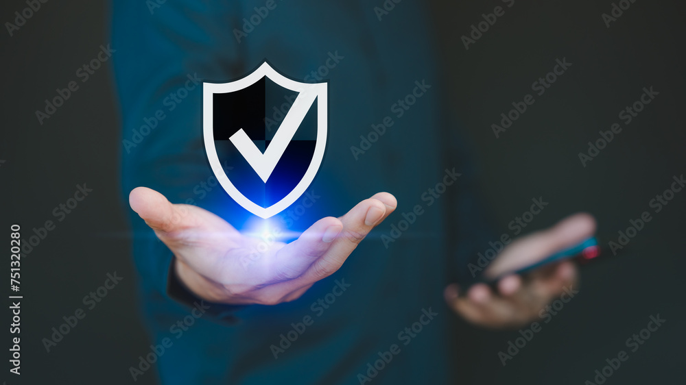 Poster displaying on a virtual screen, user showcases identity proofing icon for security protection, empha