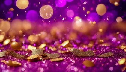 Luminosa Esplosione- Sfondo Bokeh Astratto con Confetti Glitter Oro e Viola - obrazy, fototapety, plakaty