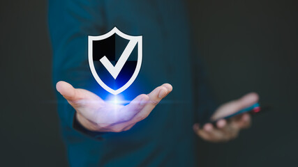 Displaying on a virtual screen, user showcases identity proofing icon for security protection,...