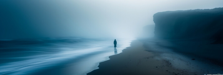 Path of Solitude: A Sole Figure's Journey Along a Deserted Beach, Light Capturing Their Essence